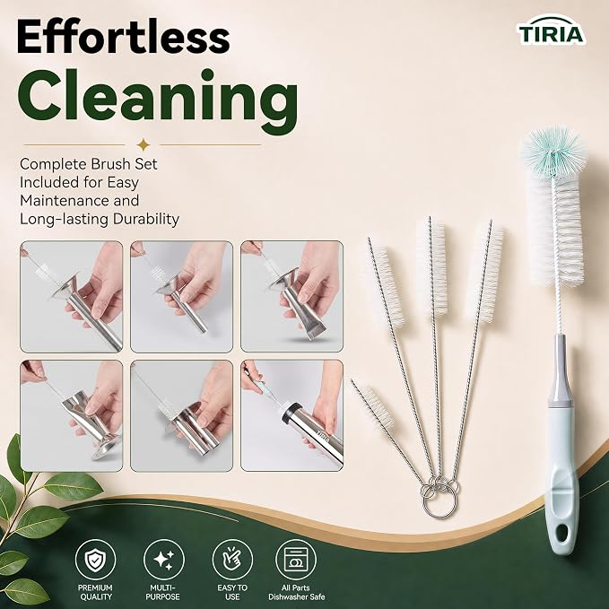 TIRIA Beef Jerky Gun Jerky Maker Sausage Stuffer Meat Stick Gun Cannon Kits | Stainless Steel Build, For Ground Meat, 5 Nozzles, 1 Meat Pusher, 5 Cleaning Brushes, Bonus Gloves, Great For Homemade Snacks