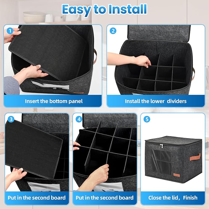 Foyego 2-Layer Coffee Mug Storage Box with Dividers, Cup and Mug Storage Organizer with Zipper Lid and Handles, Stackable Cup Organizer for 24 Coffee Mugs, Cups and Glasses, Dark Grey