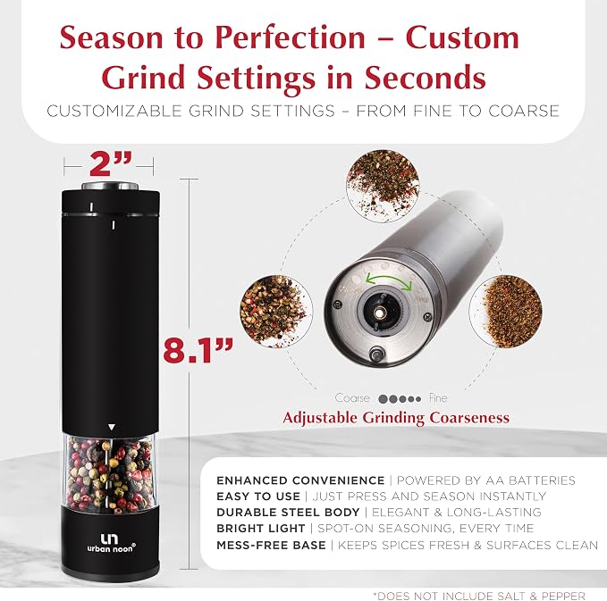 urban noon Electric Salt and Pepper Grinder Set (2 Mills, 8.1" Tall) - One-Handed Push-Button Mills with LED Light, Adjustable Ceramic Coarseness, Gift-Ready Box, 1-Year Warranty - Black & White