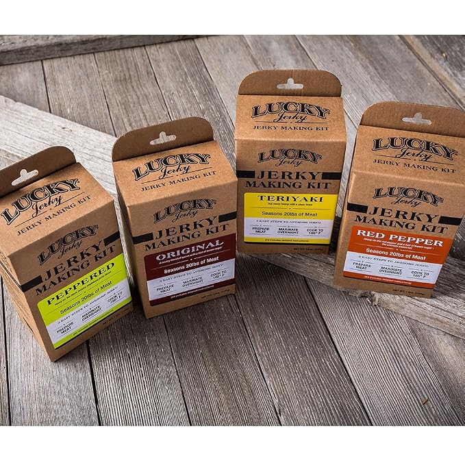 Lucky Jerky DIY Beef Jerky Seasoning and Cure Kit, 4 Flavors, 48 Oz | Make Your Own with Original, Red Pepper, Teriyaki, and Peppered, Seasons 20 lbs per Flavor, 80 lbs Total