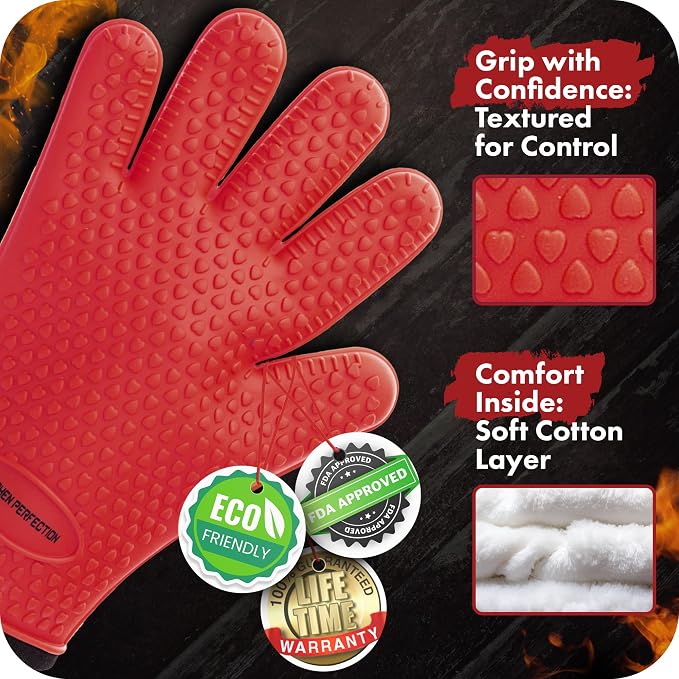 KITCHEN PERFECTION XL Silicone Smoker Oven Gloves-Extreme Heat Resistant BBQ Gloves-Handle Hot Food Right on Your Grill Fryer&Pit|Waterproof Grilling Cooking Baking Mitts|Superior Value Set+3 Bonuses | Waterproof, 5-Finger Design For A Better Grip, for...