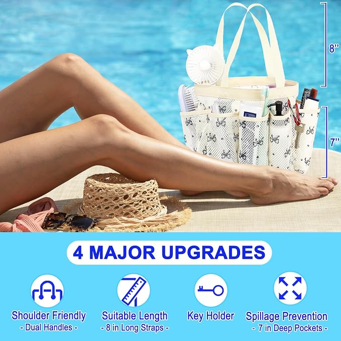 Fammart Mesh Shower Caddy Portable for College Dorm Room Essentials, Odorless Polyester Large Shower Tote Bag with Dual Handles, 8-Pocket Quick-Dry Toiletry Organizer for Travel, Beach, Camping, Gym