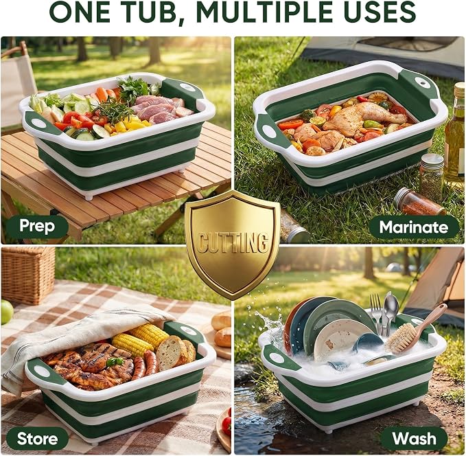 Collapsible BBQ Prep Tub with Lid, Foldable Camping Sink with Colander, Cutting Board, Dish Basin for Kitchen, Bowl, Vegetable and Fruit, Storage Basket for Picnic-Green