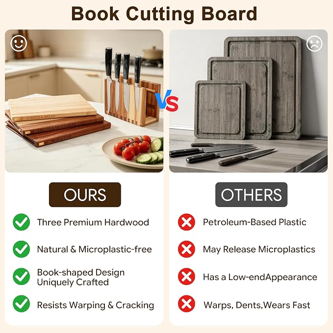 Magnetic Book Cutting Board Set with Stand for Space-Saving Kitchen | Compact Stand Keeps Boards&Knives Organized,Lightweight for Indoor Kitchen,BBQ