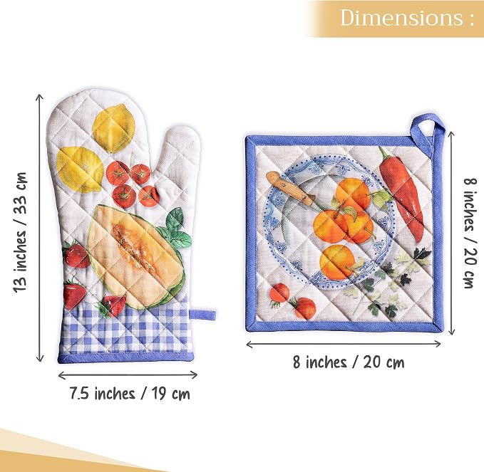 Maison d' Hermine 100% Cotton Oven Mitt & Pot Holder Set (7.5"x13" & 8"x8") | Heat Resistant BBQ Cooking Gloves with Loop Baking Grilling Kitchen Hotel Home Farmhouse Spring Summer - Gourmand