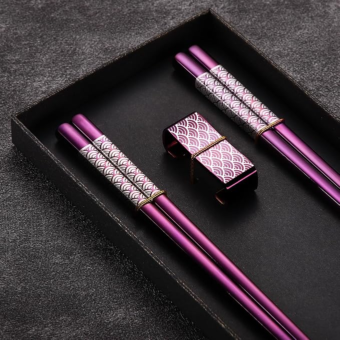 Metal Chopsticks Reusable 2 Pairs Titanium Stainless Steel 18/8 Chopsticks with Holder, Dishwasher Safe Lightweight Japanese Style Chopsticks Gift Set (Purple)