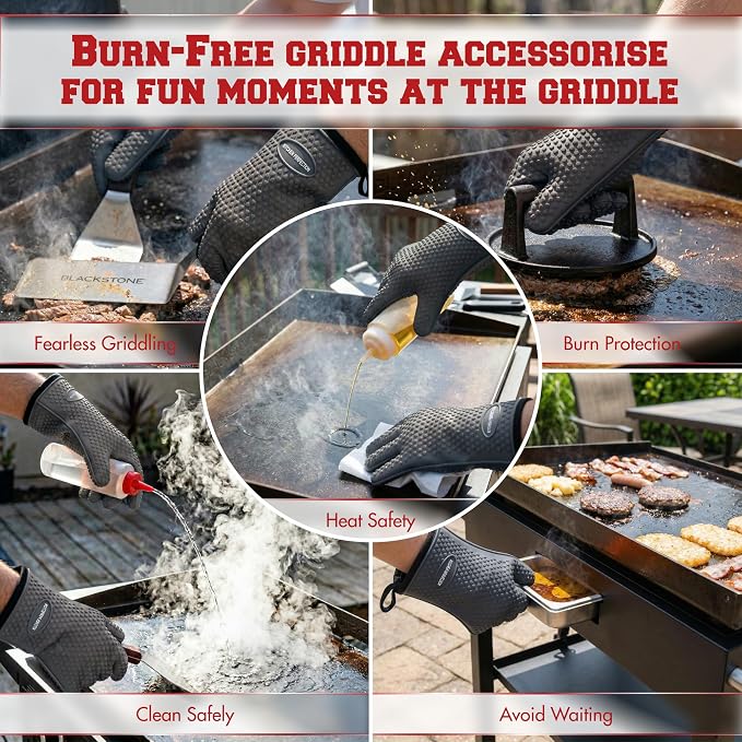 KITCHEN PERFECTION Silicone Griddle Grill Gloves Heat Resistant Oven Mitts | Waterproof, 5-Finger Design For A Better Grip, Best Griddle Grilling Accessories, Compatible with Blackstone, Weber & More