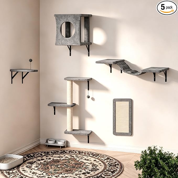 5 Pcs Cat Wall Shelves Set, Wall-Mounted Climber with Cat House, Scratching Post, Bridge, Hammock, Space-Saving Play Furniture, Gray