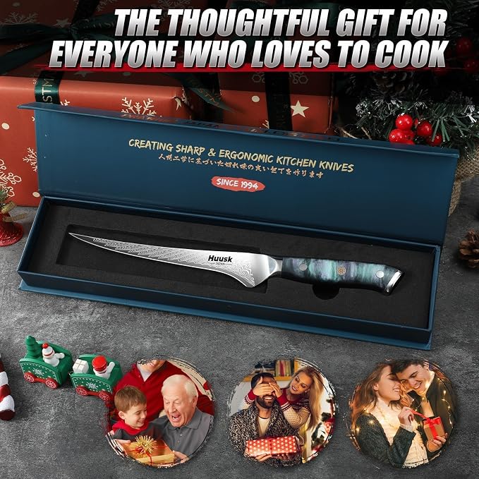 Huusk 7" Fillet Knife for Fish, Boning Knife for Meat, Gift for Chef | Flexible Fish Filleting Knife for Salmon, Ultra Sharp Deboning Knife for Meat Cutting Processing, Stainless Full Tang Blade