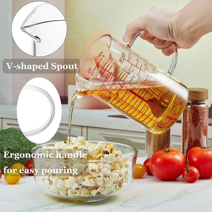 Ackers Mirror Graduated Glass Measuring Cup - [Insulated Handle | V-Shaped Spout] - High Borosilicate Glass Measuring Cup for Kitchen or Dining, Easy to Read, 1000ml (32oz, 4 Cup)