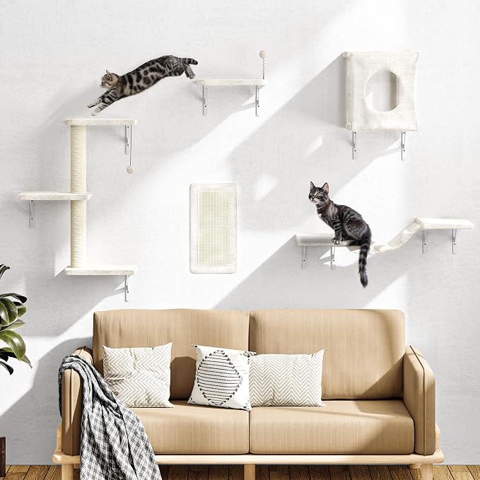 5 Pcs Cat Wall Shelves Set, Wall-Mounted Climber with Cat House, Scratching Post, Bridge, Hammock, Space-Saving Play Furniture, White