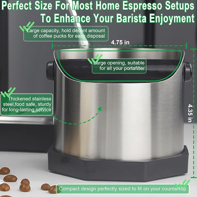 Stainless Steel Espresso Knock Box, Easy & Mess-Free Disposal of Coffee & Espresso Grounds, Coffee Knock Box with Removable Knock Bar & Non-Slip Base, Dishwasher Safe Espresso Puck Knock Box for Home