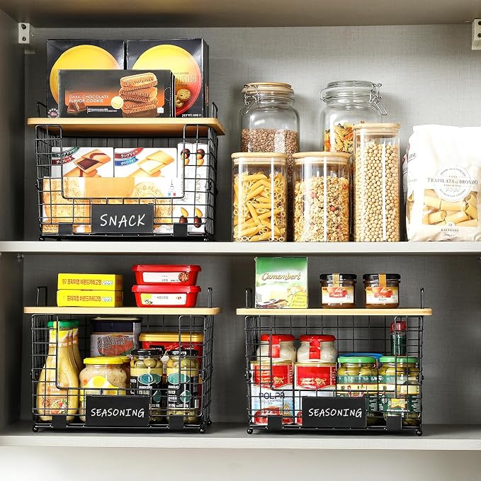 2 Set XL Stackable Wire Basket with Bamboo Tops & Tags- Pantry Organizer and Storage Bins, Kitchen Counter Cabinet Shelf Countertop Under Sink Organizing, Food Snack Produce Onion Potato Bread Storage