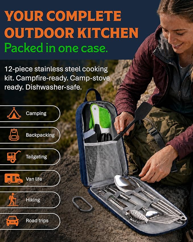 Life 2 Go 12 Pcs Camp Cooking Utensil Set & Outdoor Kitchen Gear Cookware Kit, Portable Compact Carry Case for Camping, Hiking, Travel, BBQ Grilling Stainless Steel Accessories Spoon & Fork, Navy