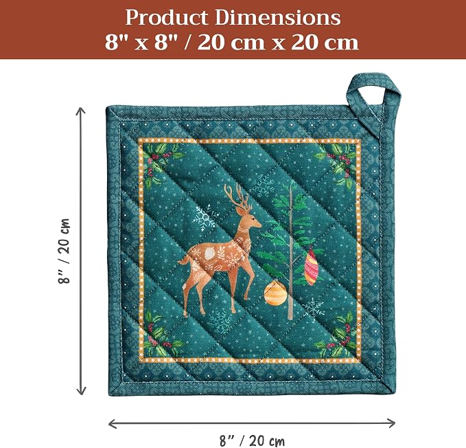Maison d' Hermine Pot Holders 100% Cotton Potholders (8" x 8", Pack of 1) | Heat Resistant Hot Pads with Loop BBQ Cooking Baking Hotel Kitchen Handling Hot Pans Thanksgiving Christmas - Hygge Christmas