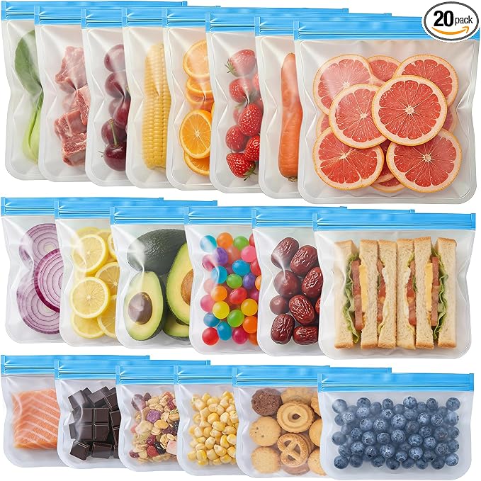 20 Pack Reusable Silicone Food Storage Bags, Reusable Snack Bags Freezer Bags Leakproof BPA Free Food Storage Contaizers, Gallon Sandwich Bag for Meal Prep Fruit Lunch Meat Veggies Blue
