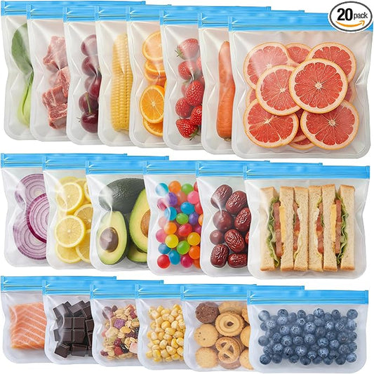 20 Pack Reusable Silicone Food Storage Bags, Reusable Snack Bags Freezer Bags Leakproof BPA Free Food Storage Contaizers, Gallon Sandwich Bag for Meal Prep Fruit Lunch Meat Veggies Blue