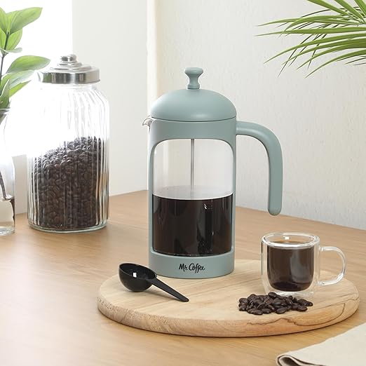 Mr. Coffee Retro Brew French Press Coffee Maker, 31-Ounce Glass Carafe with High Heat Resistant Durable Borasilicate Glass & Teal Frame and Plunger, Includes Coffee Scoop