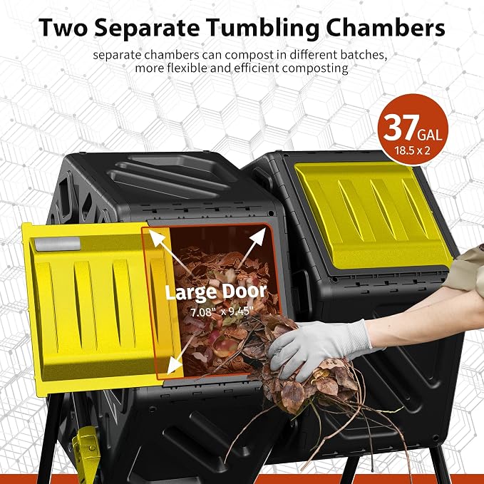 Compost Bin, 37-Gal Dual Chamber Composter Tumbler, Black Yellow | Steel Frame with 2 Sliding Door and Aeration System, 360° Rotating, Tumbling Composting Bin for Kitchen, Garden, Yard