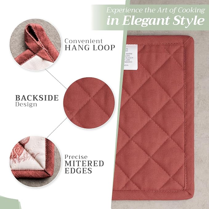 Maison d' Hermine Pot Holders 100% Cotton Potholders (8" x 8", Pack of 2) | Heat Resistant Hot Pads with Loop BBQ Cooking Baking Kitchen Handling Hot Pans Thanksgiving Christmas - Holy Jouy - Brown