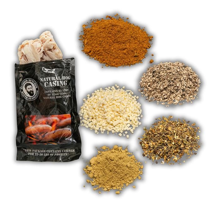 Bearded Butchers Deluxe Pizza Bratwurst DIY Kit – Custom Brats with Supreme Pizza Seasoning, Mozzarella, Mushrooms, Jalapeños & 32mm-35mm Natural Hog Casings – Makes Up to 25 lbs Meat