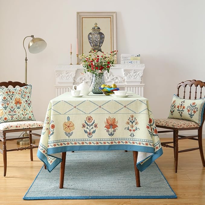 ISAENNE Designer Linen Floral Extra Long Rectangle Tablecloth,Light Green Farmhouse Durable Table Cloth,Washable Decor Tablecloths for Dining Kitchen Thanksgiving Christmas,67"*118"-Floralsea B