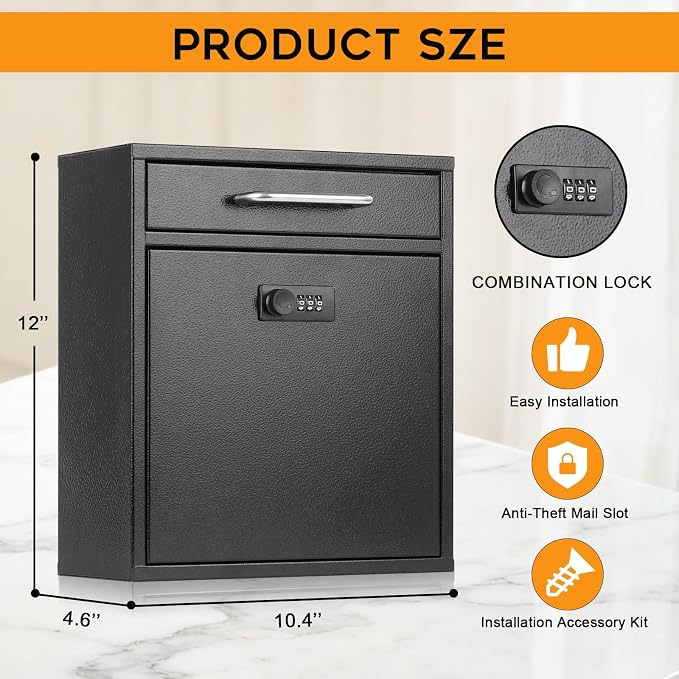 xydled Wall-Mount Mailboxes with Combination Lock, Black, Large | Steel Combination Lock Mail Boxes Outdoor, Locking Wall Mount Mailbox, Security Key Drop Box, 13.4H x 11.6L x 5.8W Inches