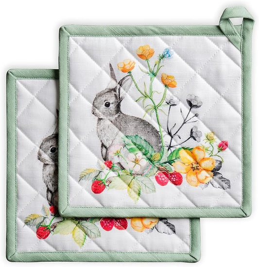 Maison d' Hermine Pot Holders 100% Cotton Potholders (8" x 8", Pack of 2) | Heat Resistant Hot Pads with Loop BBQ Cooking Baking Farmhouse Kitchen Handling Hot Pans Spring Summer - Printemps