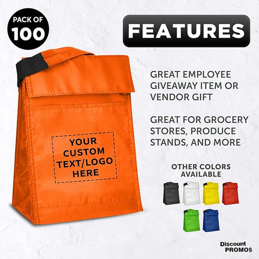 DISCOUNT PROMOS 100 Hook and Loop Insulated Lunch Bags Set - Customizable Text, Logo - Polyester, Durable, Vibrant, Reusable - Orange