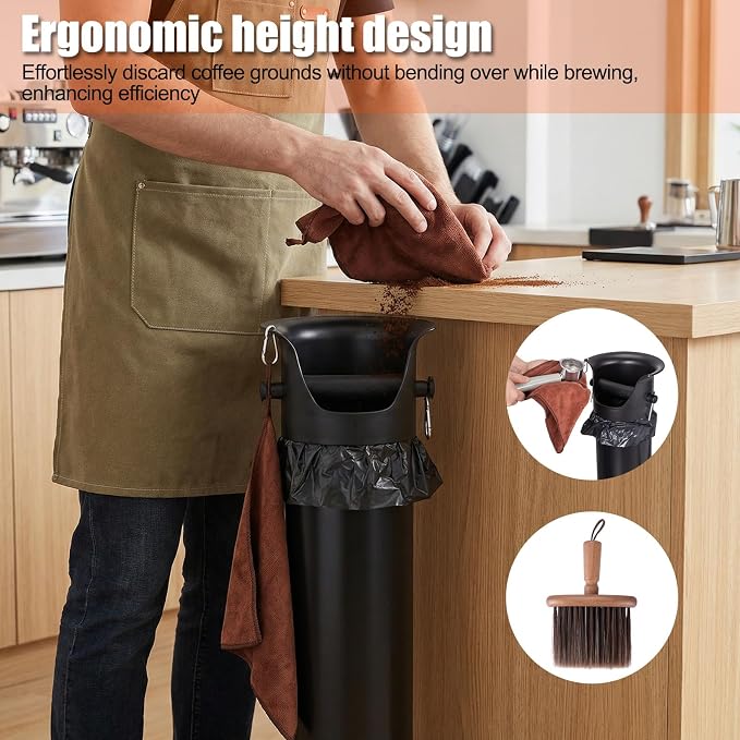 HOMEE 18L Floor Standing Espresso Coffee Knock Box with 25 Garbage Bags | Large Capacity & Detachable, Non-Slip Base, Easy to Clean, Barista Knock Box with Brush & Towel for Home and Commercial Use