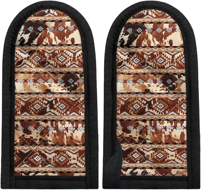 Coldinair 2 Pieces Hot Handle Covers Brown Cow Aztec Pot Sleeve Grip Sleeves Heat Resistant Cast Iron Skillet Handle Covers for Women Men Non-Slip Handle Mitts for Kitchen Baking Cooking BBQ Cookwares