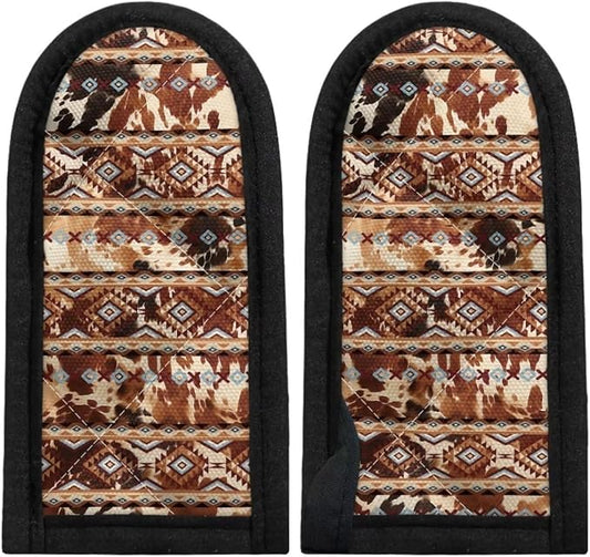 Coldinair 2 Pieces Hot Handle Covers Brown Cow Aztec Pot Sleeve Grip Sleeves Heat Resistant Cast Iron Skillet Handle Covers for Women Men Non-Slip Handle Mitts for Kitchen Baking Cooking BBQ Cookwares