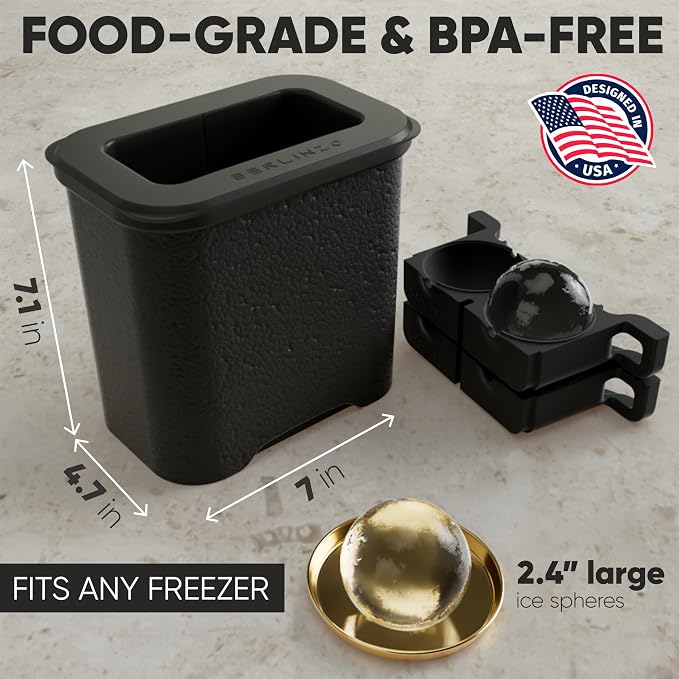 Berlinzo Ice Ball Maker Mold - 2 Clear 2.4in Whiskey Spheres, Non-Electric | Silicone, BPA-free, bourbon and cocktails, slow-melt, easy release, 2-count, storage bag included