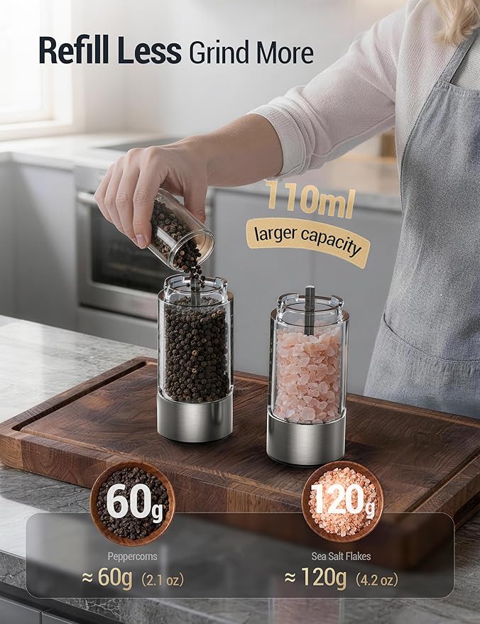 ThermoMaven Electric Salt and Pepper Grinder Set, 110ml Larger Rechargeable Automatic Salt and Pepper Mill Grinder with 6 Adjustable Coarseness, Electric Salt and Pepper Shakers, LED, Navy Blue