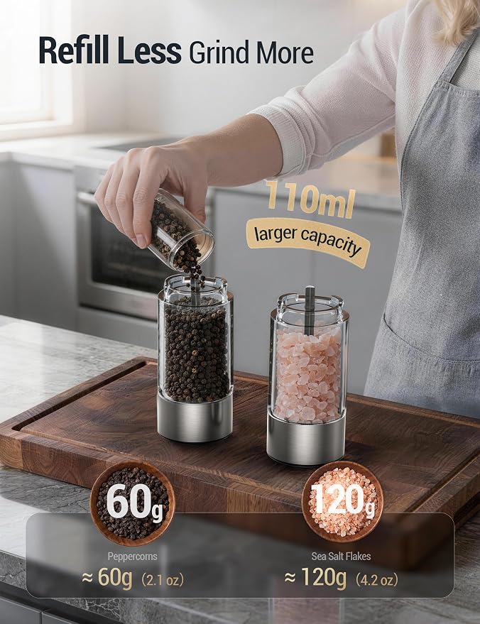 ThermoMaven Electric Salt and Pepper Grinder Set, 110ml Larger Rechargeable Automatic Salt and Pepper Mill Grinder with 6 Adjustable Coarseness, Electric Salt and Pepper Shakers, LED, Snow White
