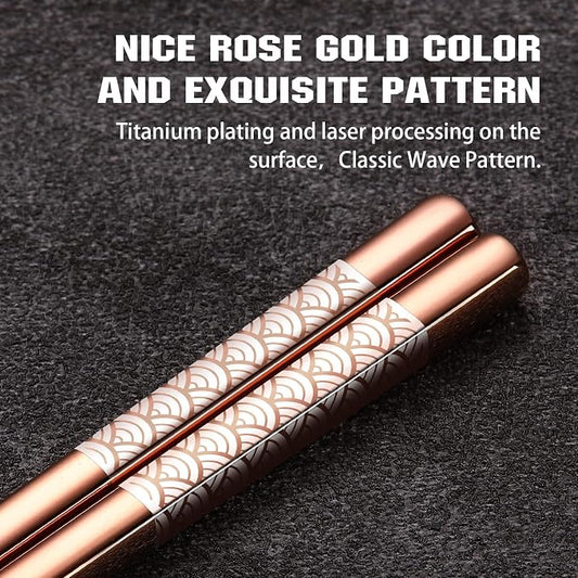 Titanium Stainless Steel 18/8 Reusable Chopsticks - 2 Pairs with Holder, Dishwasher Safe, Lightweight Japanese Style Gift Set (Rose Gold)