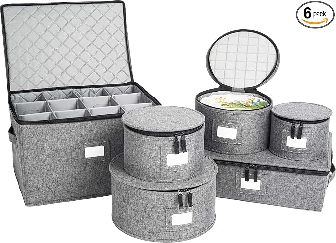 storageLAB 6-Piece China Storage Set | Plates, Mugs & Wine Glasses | Gray | Most complete set - plates, mugs & wine glasses for 12. Hard shell, felt-lined, stackable. Full china system in one.