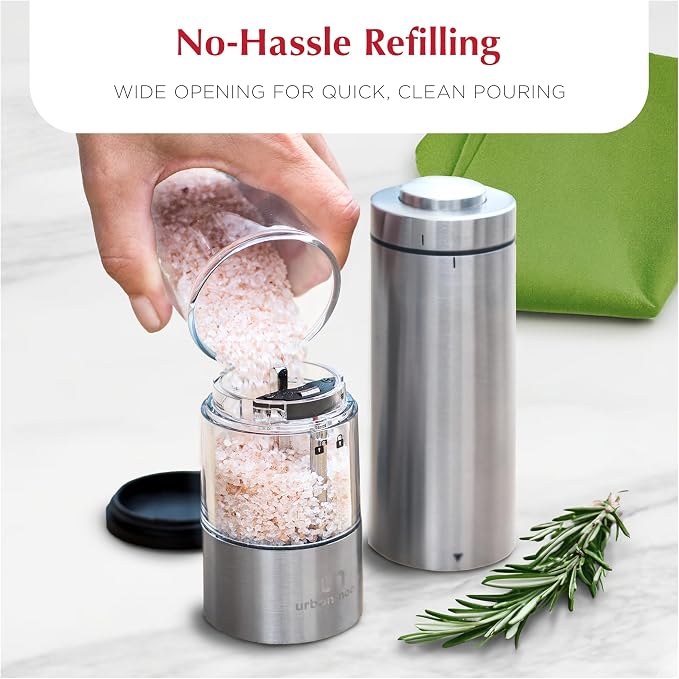 Urban Noon Electric Salt or Pepper Grinder (1 Mill, 8.1" Tall) - One-Handed Push-Button Mills with LED Light, Adjustable Ceramic Coarseness, Gift-Ready Box, 1-Year Warranty - Stainless Steel