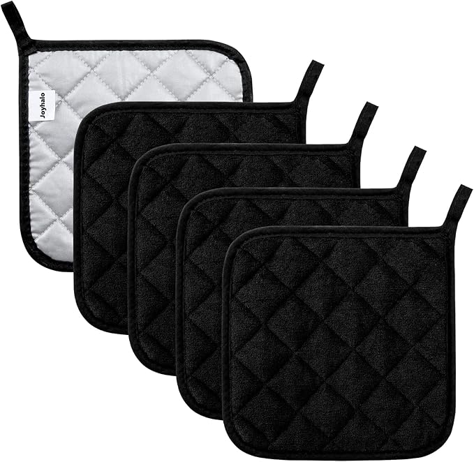 Joyhalo 5 Pack Pot Holders for Kitchen Clearance | Cotton Made, Machine Washable, Heat Resistant Potholder, Hot Pads, Trivet for Cooking and Baking, Black