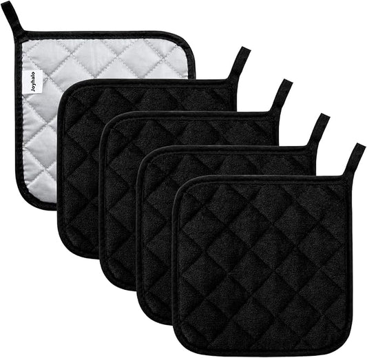 Joyhalo 5 Pack Pot Holders for Kitchen Clearance | Cotton Made, Machine Washable, Heat Resistant Potholder, Hot Pads, Trivet for Cooking and Baking, Black