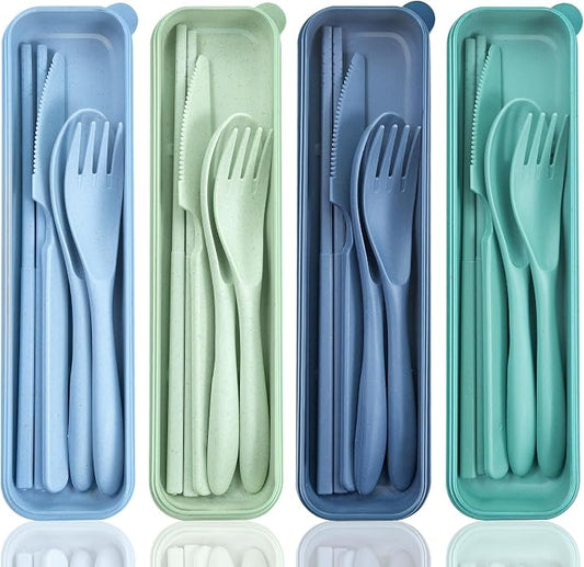 DISSKNIC Green Travel Utensils with Case, Reusable Utensil Sets for Lunch Box, Chopsticks Reusable Plastic Utensils Lunch Box Accessories for Adults,Portable Utensils Set with Case,Camping Accessories