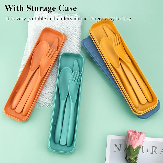 DISSKNIC 4 Sets Reusable Utensils Set with Case,Travel Utensils Cutlery Set Spoons and Forks Set, Reusable Plastic Utensils for Lunch Box Accessories for Adults, Portable Lunch Utensils Set for Daily
