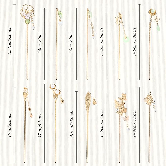 Cinaci 10 Pieces Decorative Vintage Retro Pearl Gold Metal Hair Sticks Pins with Pendants Chinese Hanfu Asian Flower Butterfly Hair Chopsticks Hair Bun Updo Holders Long Hairpins for Women Girls