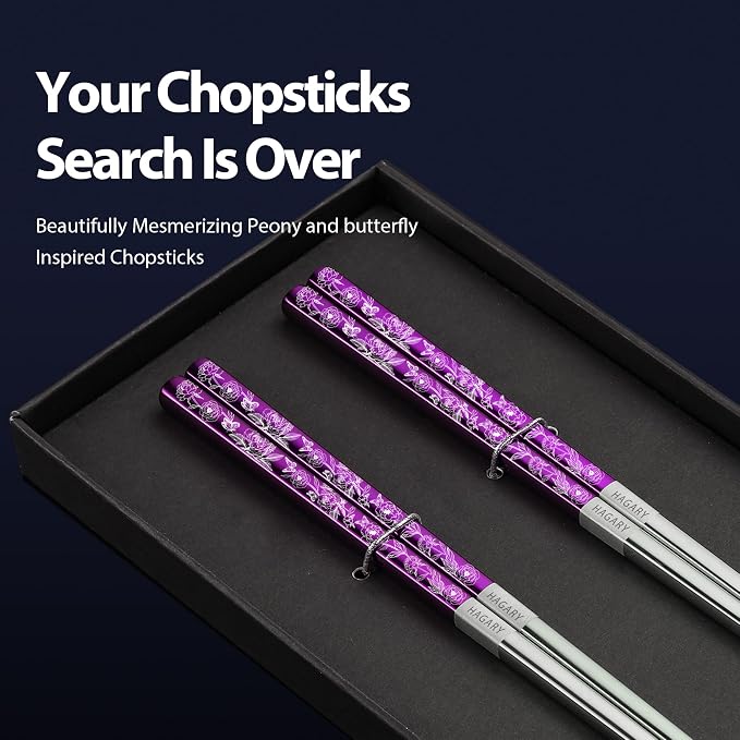 Peony and Butterfly Chopsticks Metal Chopsticks Reusable Designed in Korea Japanese Style Stainless Steel 316 18/10 Non-Slip Dishwasher Safe Laser Etched 2 Pairs Purple