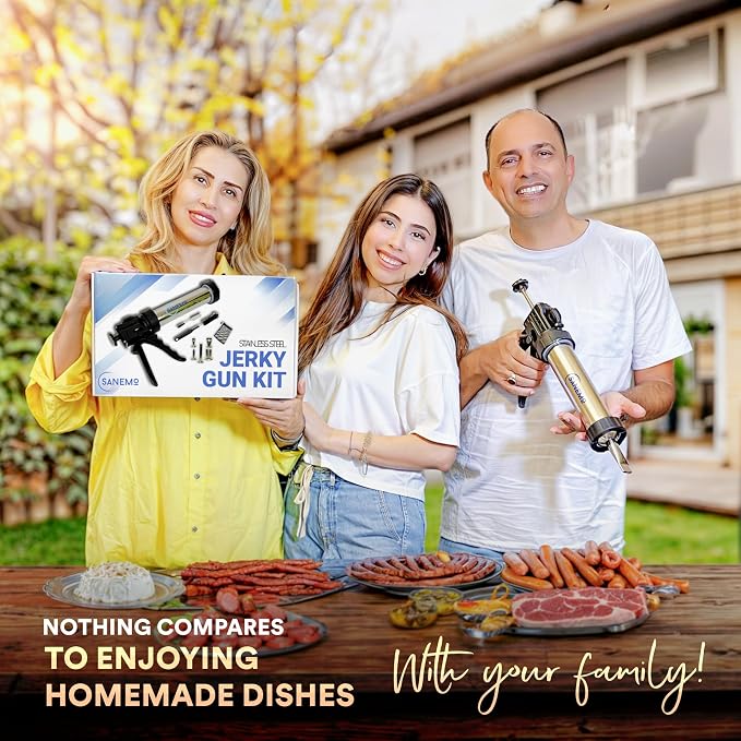 SANEMO Large Capacity Jerky Gun for Ground Meat - Easy to Use/Clean 1.5 LB Sausage Gun & Beef Jerky Maker Kit with 5 Stainless Steel Nozzles, 2 Cleaning Brushes, and 1 Mesh Bag for Easy Carrying.