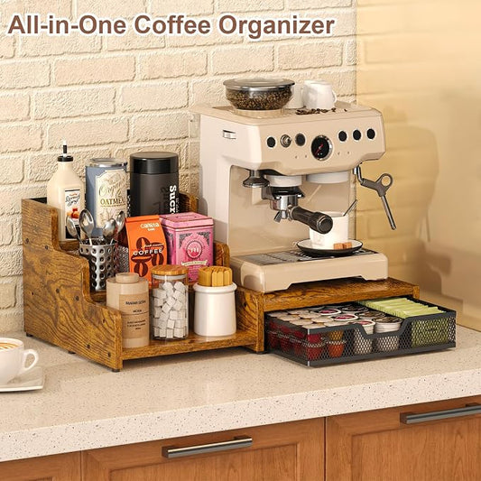 Coffee Station Organizer with K Cup Holder, 28 Pod Capacity,3-Tier Syrup Rack with Coffee Pod Holder Drawer, Coffee Bar organizer Countertop for Accessories,Rustic Brown