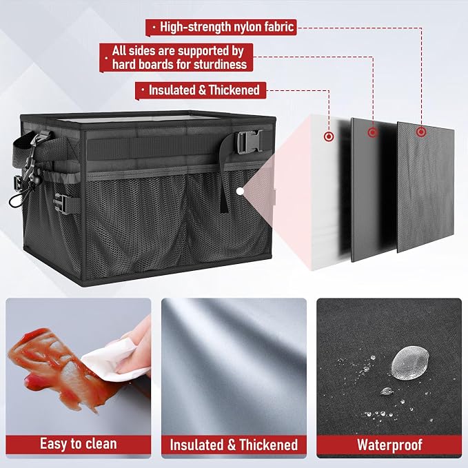 Grill Caddy, Foldable BBQ Caddy with Paper Towel Holder, Black | 11 Compartments, Easy-Clean Aluminum Interior, 1680D Oxford Fabric, Water-Resistant, Shoulder Strap Included, Tailgating