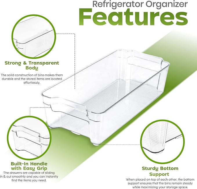 Utopia Home Plastic Stackable Storage Bins for Fridge, 8 Pack, Clear | Durable Plastic Storage Containers with Easy Grip Handles for Pantry, Kitchen Cabinets & Countertops
