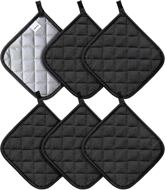 Joyhalo 6 Pack Pot Holders for Kitchen Clearance | Cotton Oven Holder with Great Heat Resistance, Potholders Sets for Kitchen, Countertops, Hot Pots and Pans, Black