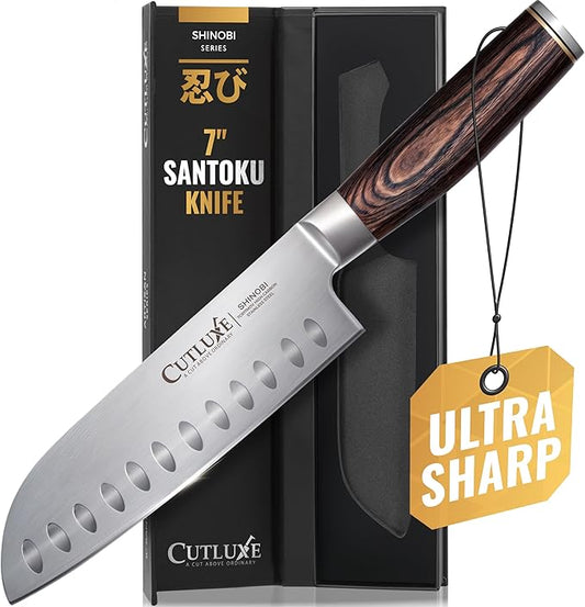 Cutluxe Santoku Knife – Ultra Sharp 7 Inch Vegetable Japanese Knife for Chopping, High Carbon Stainless Steel Blade, Full Tang Pakkawood Handle – Shinobi Series